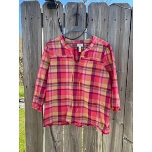 St Johns Bay Pink Orange Plaid Split Neck Tie Blouse 3/4 Sleeve Petite Large PL